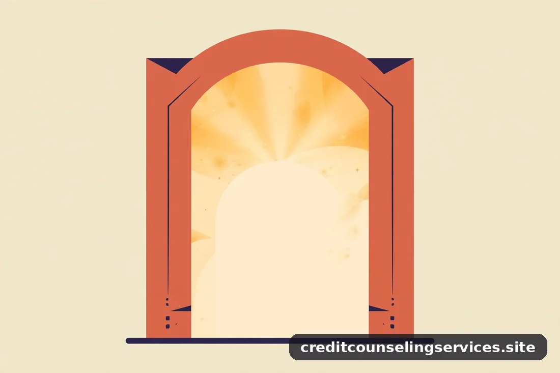 Puerta en forma de arco con luz cálida al fondo, en tonos terracota y crema
