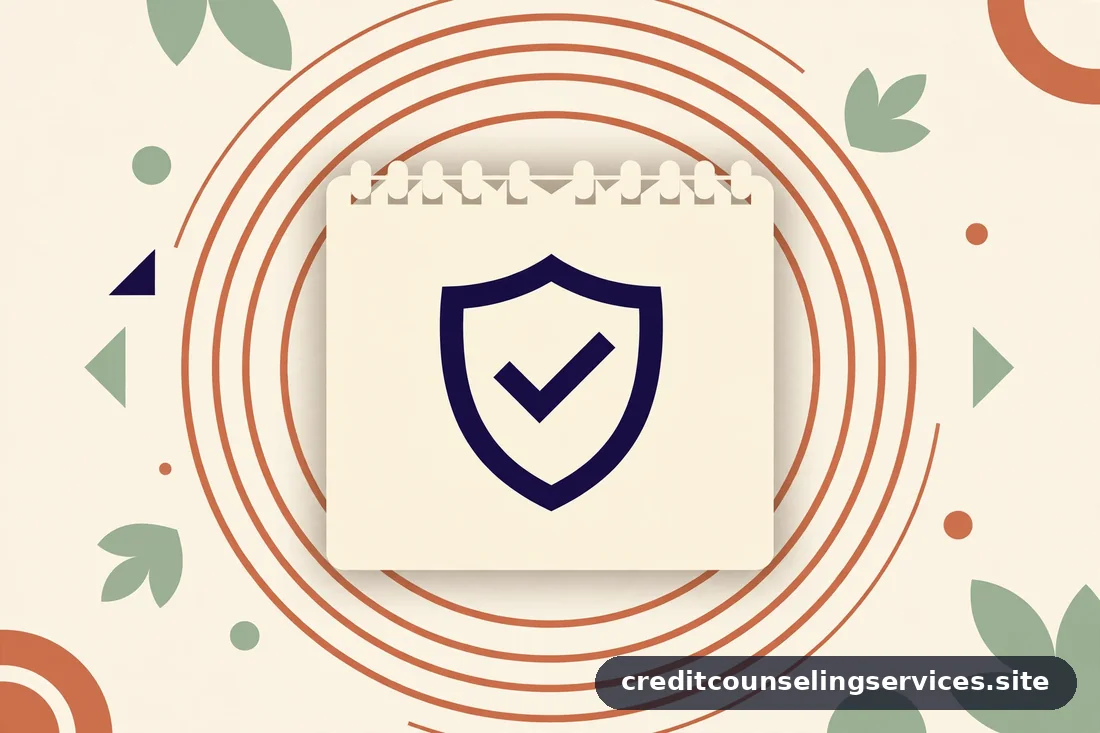 Bloc de notas con escudo y marca de verificación, rodeado de círculos terracota