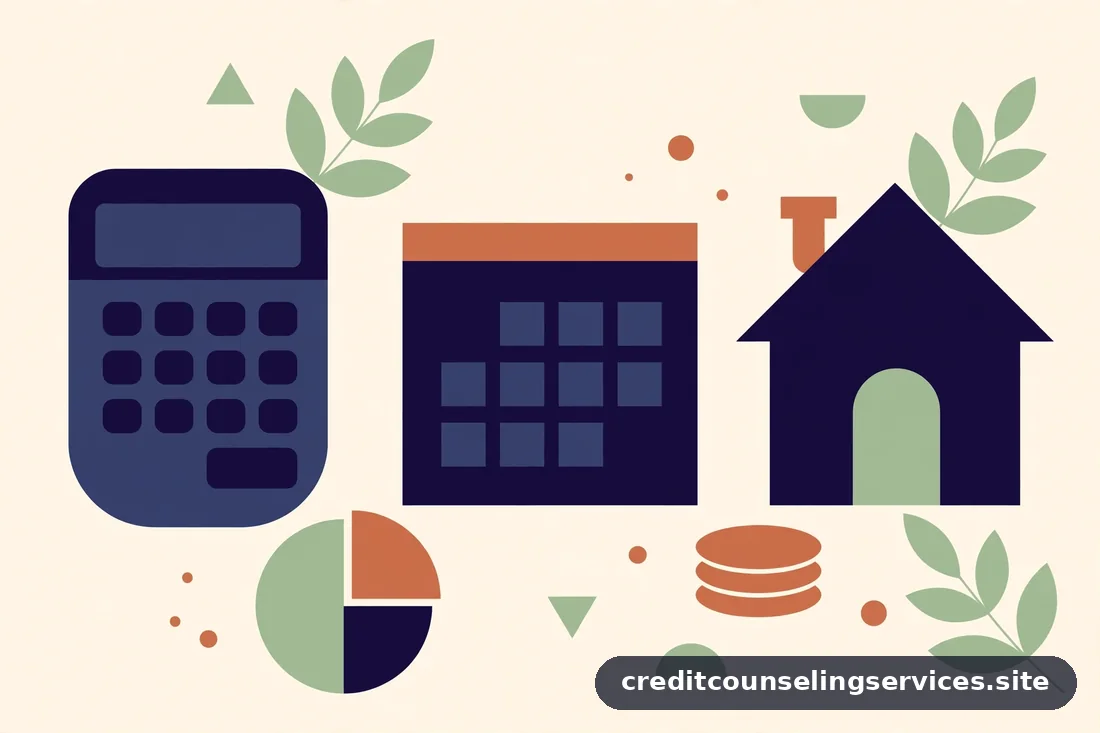 Calculadora, calendario, casa y gráfico circular en azul marino y terracota, iconos de finanzas del hogar
