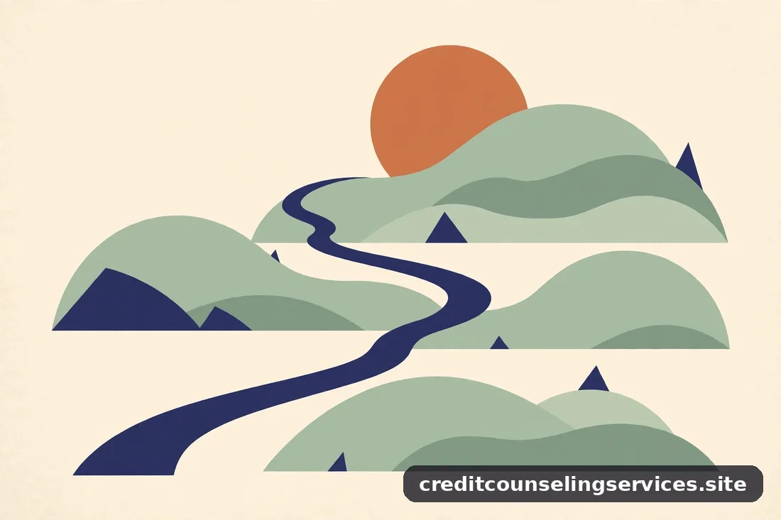 Río azul marino serpenteando entre colinas verde salvia bajo un sol terracota