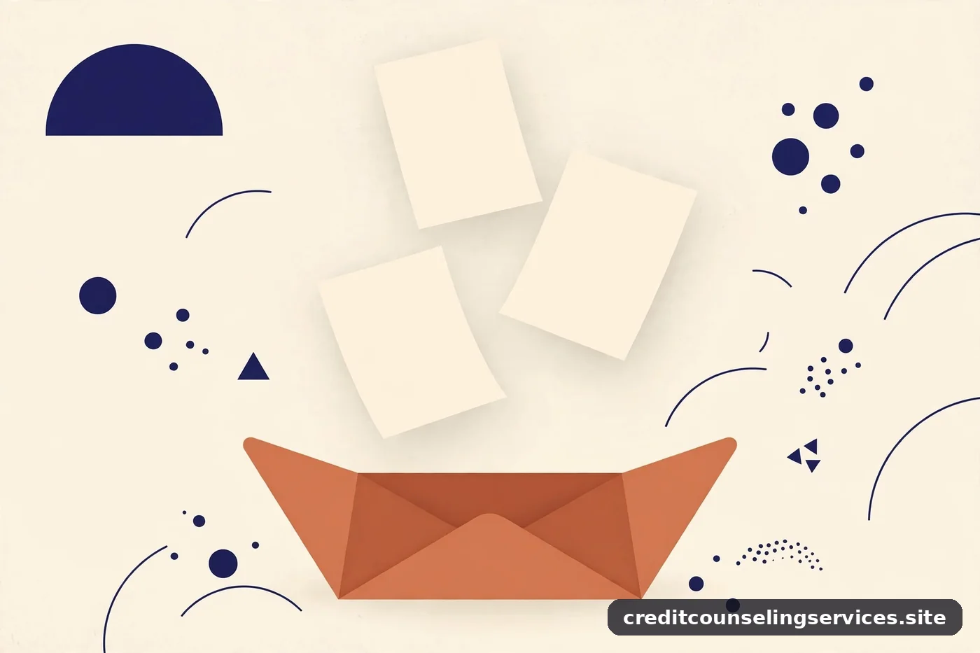 Sobre terracota abierto con documentos en blanco flotando, sobre fondo crema con formas azul marino
