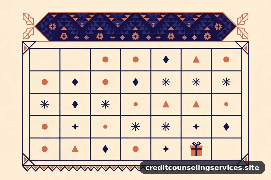 Calendario de adviento con casillas decoradas y un regalo, en tonos azul marino y terracota
